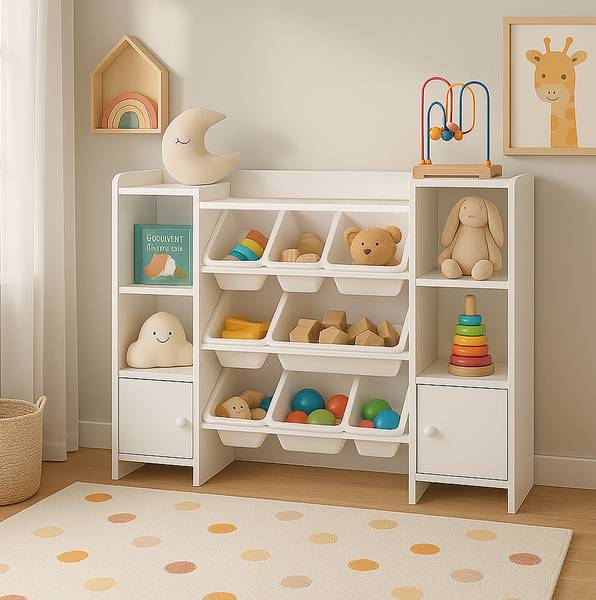 Grande étagère pour enfant avec tiroirs Blanc - Bois manufacturé - Matière plastique - 139 x 94 x 30 cm