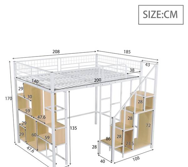 Multifunktionales Hochbett-BB1057 Weiß - Metall - 184 x 170 x 208 cm