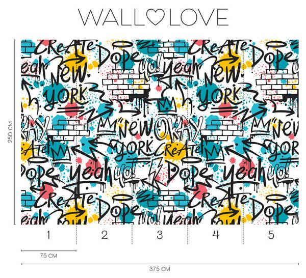 Fototapete 679 Graffiti Light modern Blau - Pink - Gelb - Fleece - 375 x 250 x 1 cm