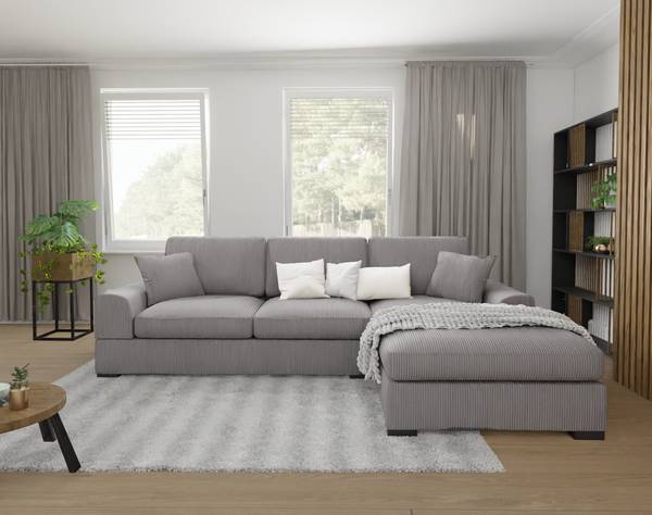 Eira Cord Ecksofa mit Schlaffunktion Hellgrau - Ecke davorstehend rechts