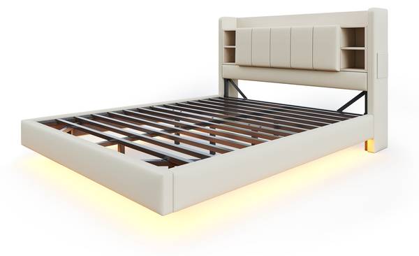 Lit Rembourré Eurynom Ⅳ Beige - Lin - 144 x 114 x 215 cm