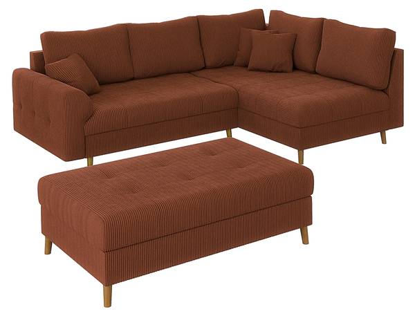 Ecksofa und Hocker Neo, Cord-Stoff Rubinrot - Ecke davorstehend rechts