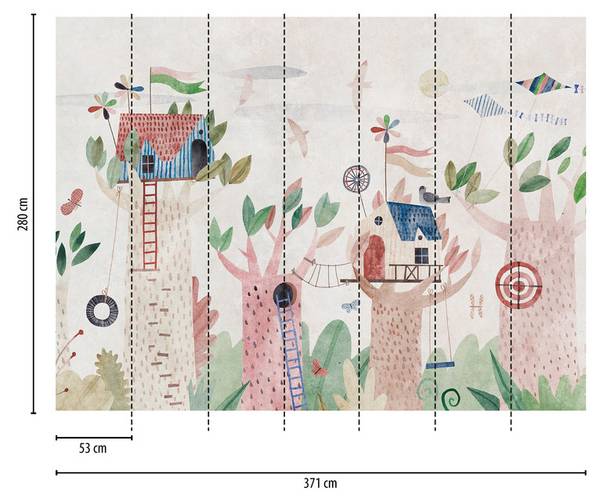 Kinderzimmer Waldtapete Beige - Blau - Braun - Grün - Fleece - 371 x 280 x 1 cm