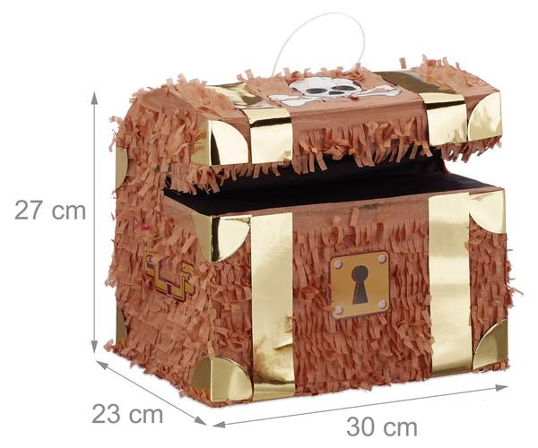 Pinata Set Schatztruhe mit Stab & Maske Braun - Gold - Weiß - Papier - Kunststoff - 30 x 27 x 23 cm