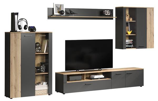 Vitrinenschrank Esteban Grau - Holz teilmassiv - 90 x 132 x 34 cm