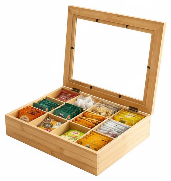 Boîte à thé en bambou, 12 compartiments Marron - Bambou - Matière plastique - 28 x 9 x 23 cm
