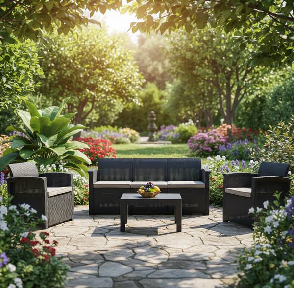 4-teiliges Gartenmöbel Set Rattan Schwarz - Grau - Polyester - 60 x 75 x 174 cm