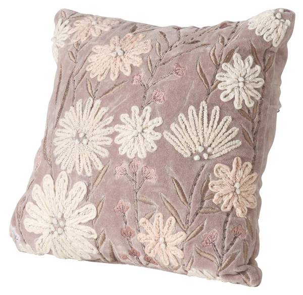 Besticktes Sofakissen Fleur Pink - Weiß - Textil - 30 x 30 x 12 cm