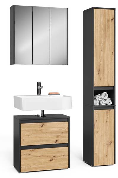 Badmöbel-Set Majest 59150 3er Set Anthrazit - Asteiche Dekor