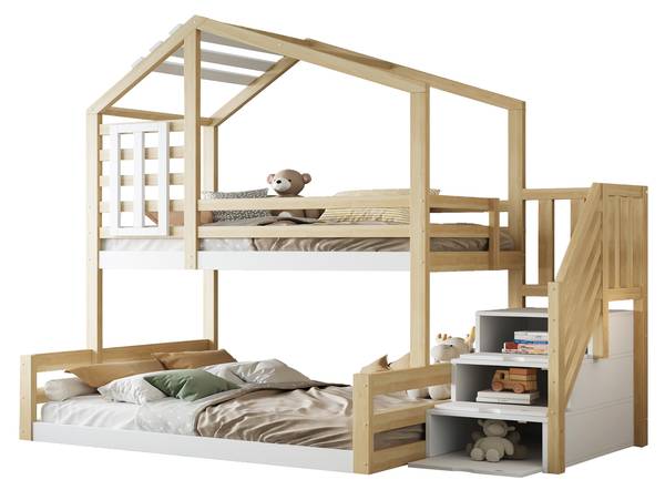 Haus-Etagenbett Uranus Ⅴ Braun - Weiß - Kiefer - 146 x 209 x 253 cm