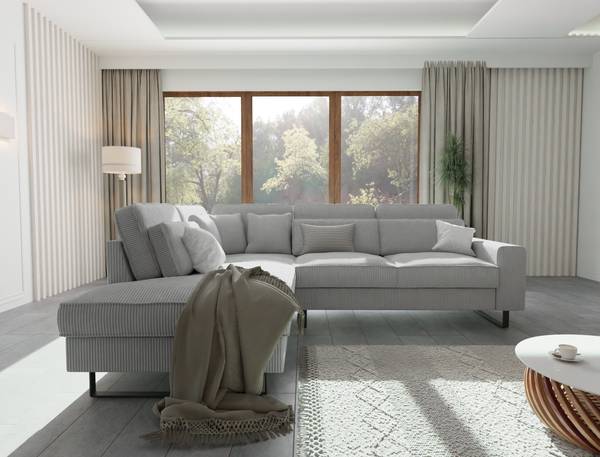 Sage Ecksofa mit Ottomane in Cord-Stoff Hellgrau - Ecke davorstehend links