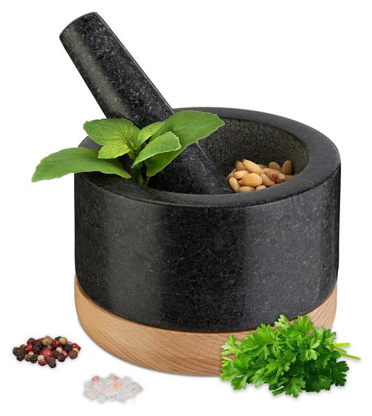 Mörser mit Stößel und Holzuntersetzer Schwarz - Braun - Grau - Granit - 14 x 10 x 14 cm