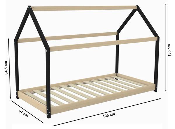 Hausbett PANDA mit Lattenrost Schwarz - Fichte - 97 x 134 x 195 cm