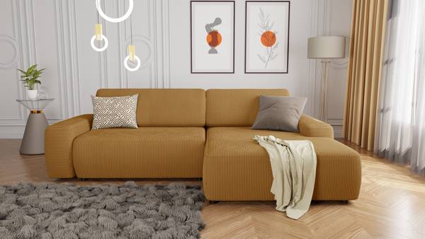 Ecksofa Luna mit Schlaffunktion, Cord Honig - Ecke davorstehend rechts