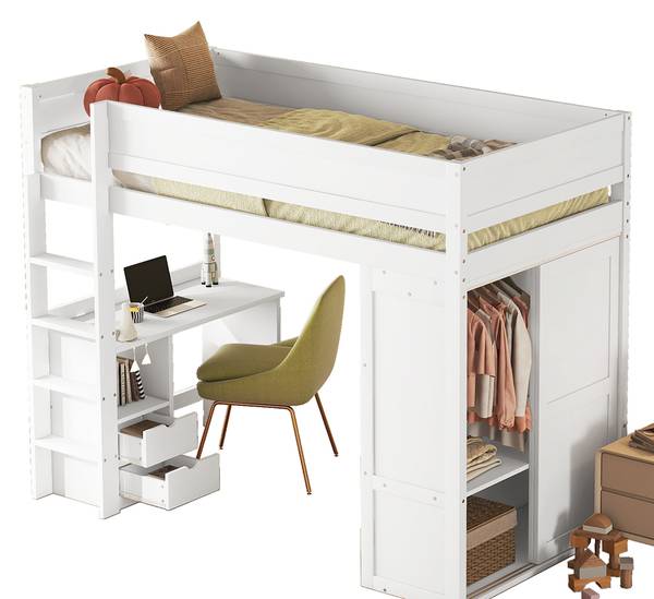 Hochbett mit Schreibtisch-O28109 Weiß - Massivholz - 165 x 165 x 205 cm