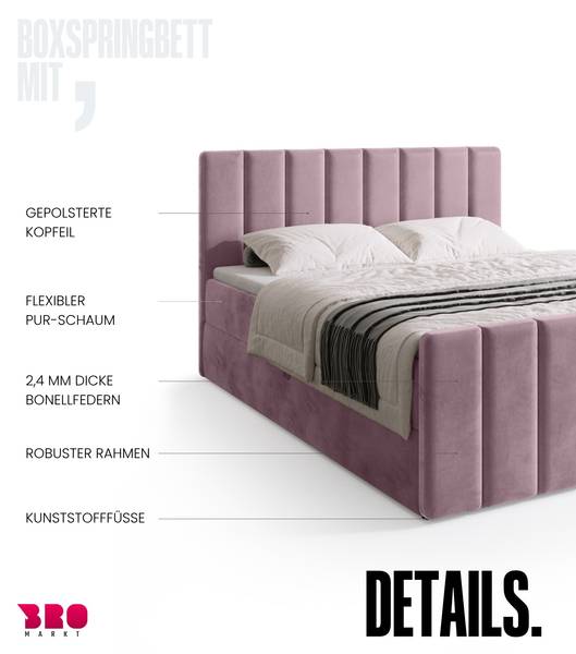 Boxspringbett DENVER DUO Rosé - Liegefläche Breite: 140 cm