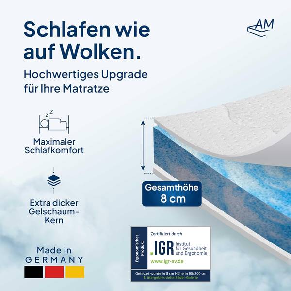Gelschaum Topper PREMIUM PLUS 100 x 8 x 200 cm