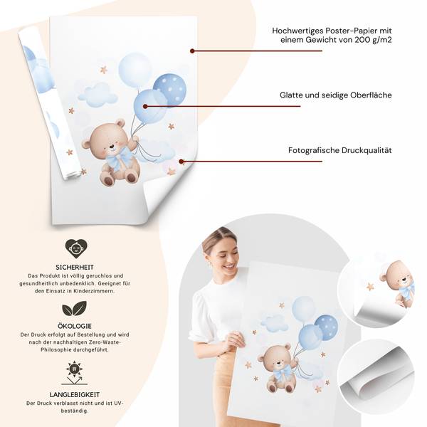 Poster Teddybären und Ballons 3er Set 30 x 42 x 42 cm