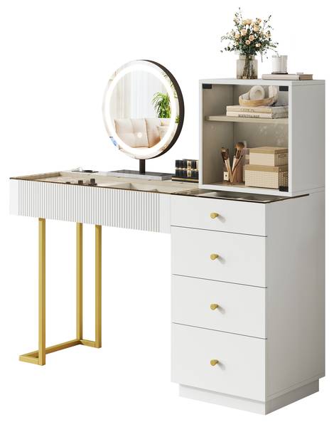 Kaptafel met spiegel GlassGLOW wit - plaatmateriaal op houtbasis - 40 x 120 x 120 cm