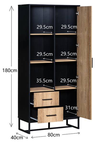 Hochschrank mit 2 Schubladen Coeus Ⅱ Schwarz - Braun - Eisen - 80 x 180 x 40 cm