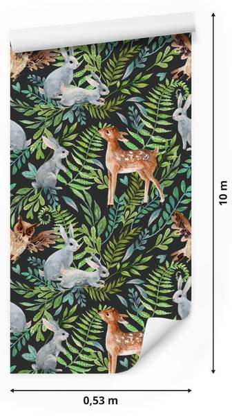 Papier Peint ANIMAUX Feuilles Nature Noir - Marron - Gris - Vert - Polaire - 53 x 1000 x 1000 cm
