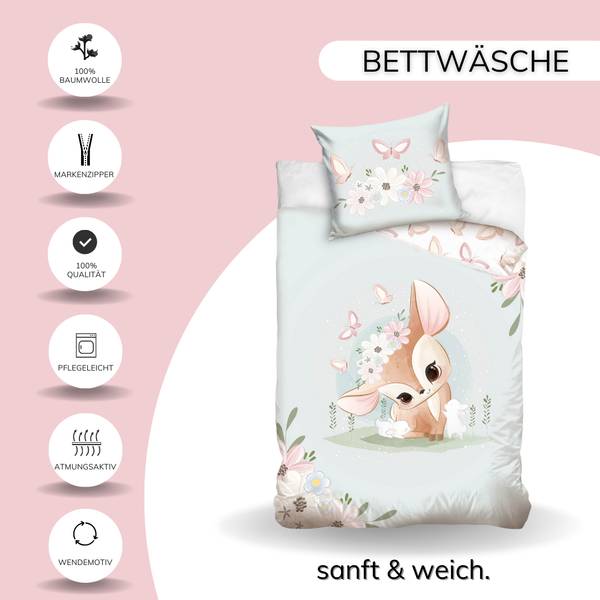 Bettwäsche Reh und Hase mit Blumen Textil - 135 x 200 x 1 cm