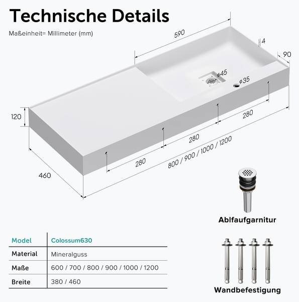 Waschbecken Col630MW-1200M Weiß - 45 x 12 x 120 cm