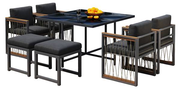 Gartenmöbelset Hephaestus 7-tlg Schwarz - Braun - Polyester - Webstoff - Akazie - Eisen - 158 x 74 x 230 cm