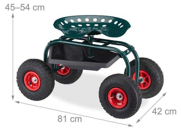 Siège roulant de jardin avec rangement Noir - Vert - Rouge - Acier - 42 x 54 x 81 cm