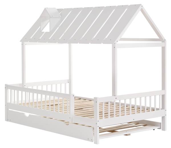 Hausbett mit Rollbett-O2913 Weiß - Massivholz - 169 x 169 x 205 cm