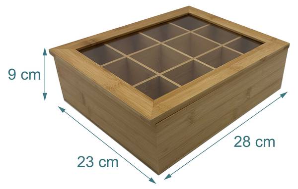 Boîte à thé en bambou, 12 compartiments Marron - Bambou - Matière plastique - 28 x 9 x 23 cm