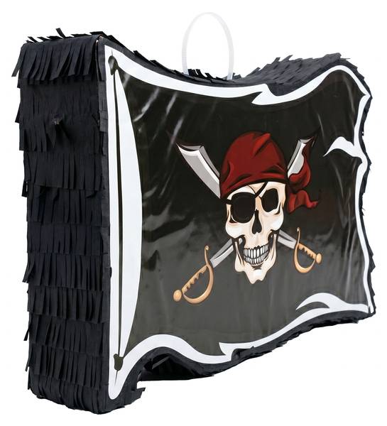 Pinata drapeau pirate avec bâton&masque Noir - Rouge - Blanc - Papier - Matière plastique - 40 x 35 x 8 cm