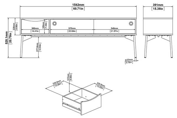 Table TV Elly Blanc - En partie en bois massif - 154 x 53 x 39 cm