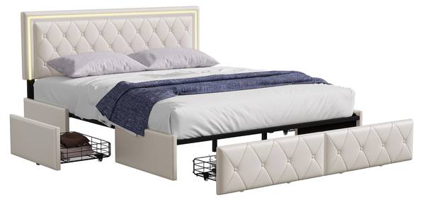 Doppelbett Polsterbett HDF09 Beige - Metall - Massivholz - 145 x 96 x 208 cm