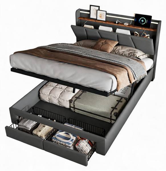 Polsterbett LYX02 Grau - Metall - Massivholz - 164 x 107 x 210 cm