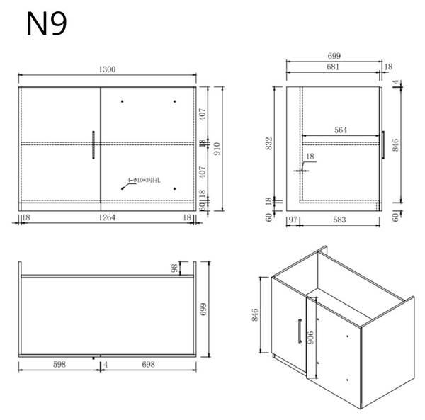 Küchenunterschrank Modul N9 Weiß - Holzwerkstoff - 130 x 91 x 70 cm