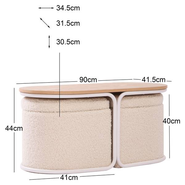 Couchtisch mit Hocker SENJA 3er Set Weiß - Holz teilmassiv - 90 x 44 x 42 cm