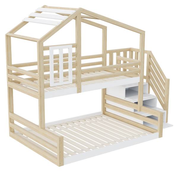 Haus-Etagenbett Uranus Ⅴ Braun - Weiß - Kiefer - 146 x 209 x 253 cm