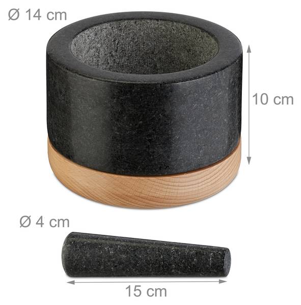 Mörser mit Stößel und Holzuntersetzer Schwarz - Braun - Grau - Granit - 14 x 10 x 14 cm