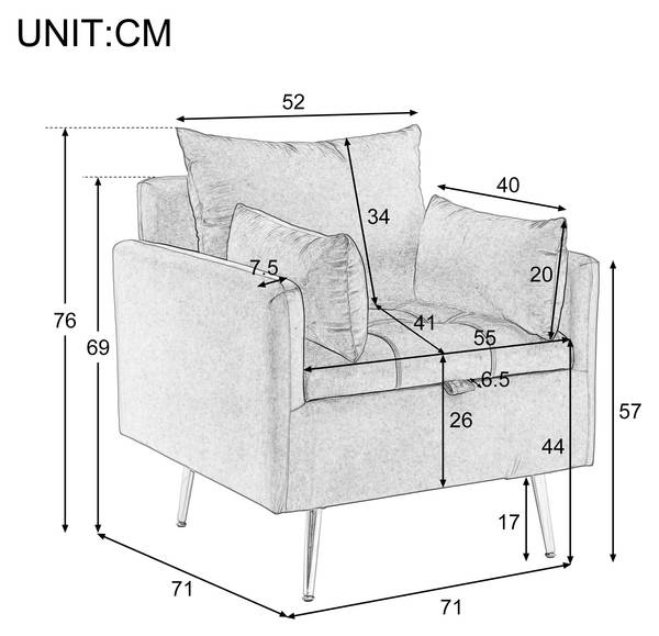 Sessel mit 2 Kissen Nulzu Grau - Metall - Textil - 76 x 76 x 71 cm