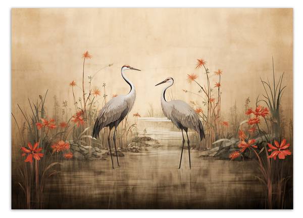 Papier peint, Grues sur un lac 200 x 140 cm