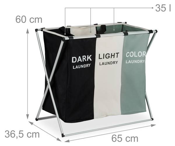 Faltbarer Wäschesammler 3 Fächer Schwarz - Grau - Weiß - Polyester - Aluminium - 65 x 60 x 37 cm