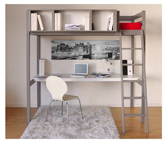 Hochbett LOU mit Schreibtisch Grau - Massivholz - 151 x 195 x 199 cm