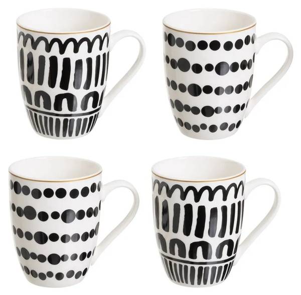 Becher Lyne 4er-Set Schwarz - Weiß - Keramik - 18 x 22 x 9 cm