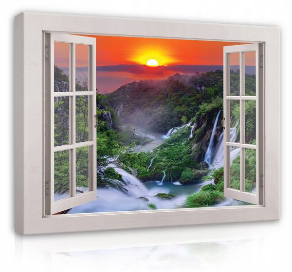 Leinwandbild Fenster Wasserfall Natur 120 x 80 x 3 cm