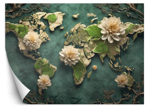 Papier peint fleurs carte du monde 250 x 175 cm