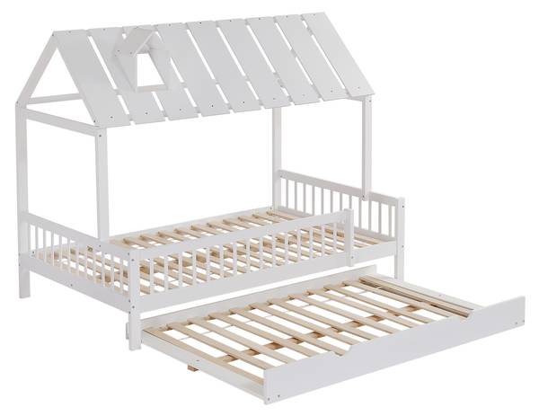 Lit gigogne LucyWoody Ⅰ Blanc - Bois manufacturé - Bois massif - 125 x 169 x 205 cm