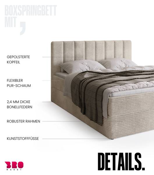 Boxspringbett DENVER Creme - Breite: 140 cm - Liegefläche Breite: 140 cm