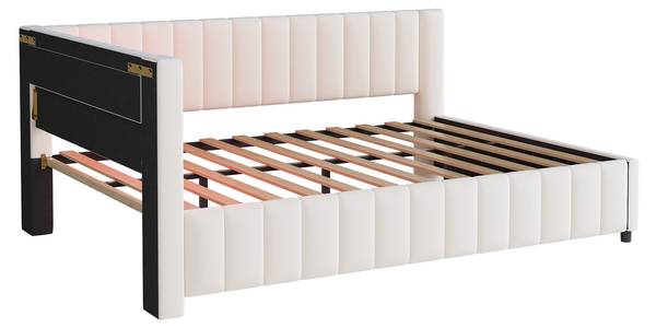 Gestoffeerd Bed Metis Ⅲ beige - velours - grenenhout - staal - 148 x 82 x 200 cm