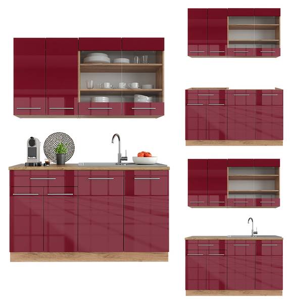 Cuisine Fame-Line 42398 Bordeaux brillant - Imitation chêne